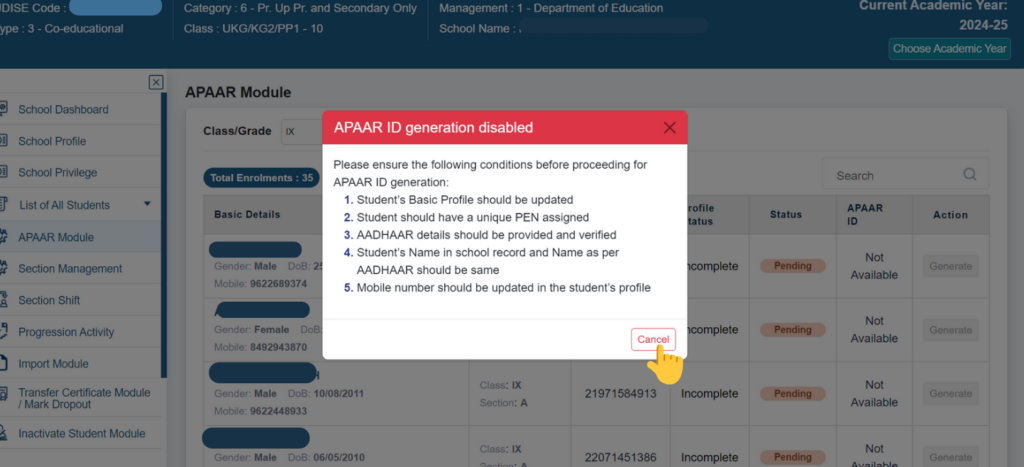 Generation of APAAR ID through UDISE+