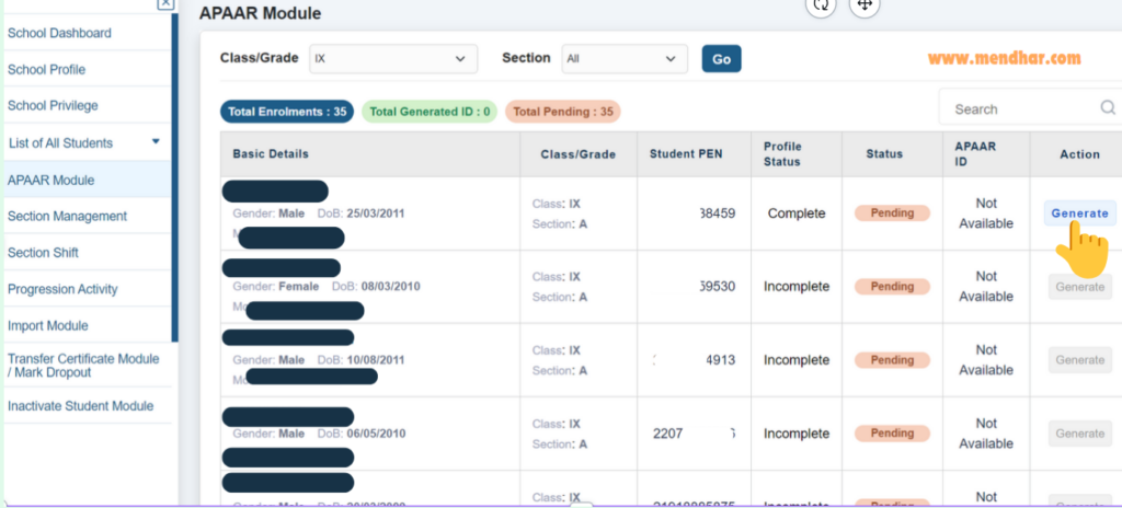 Generation of APAAR ID through UDISE+