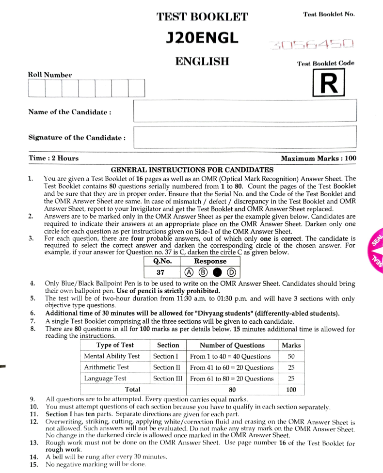 JNVST Previous Year Question Booklet for 9th Class